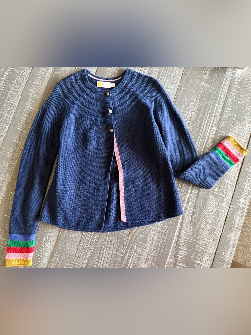 Mini Boden Navy Sweater with Rainbow Stripe Cuffs - Picture 3 of 4